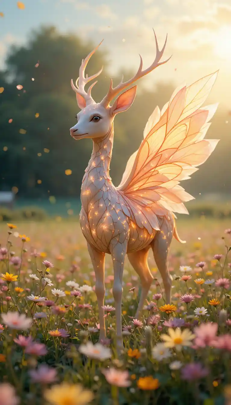 Graceful winged deer creature in a glowing spring meadow