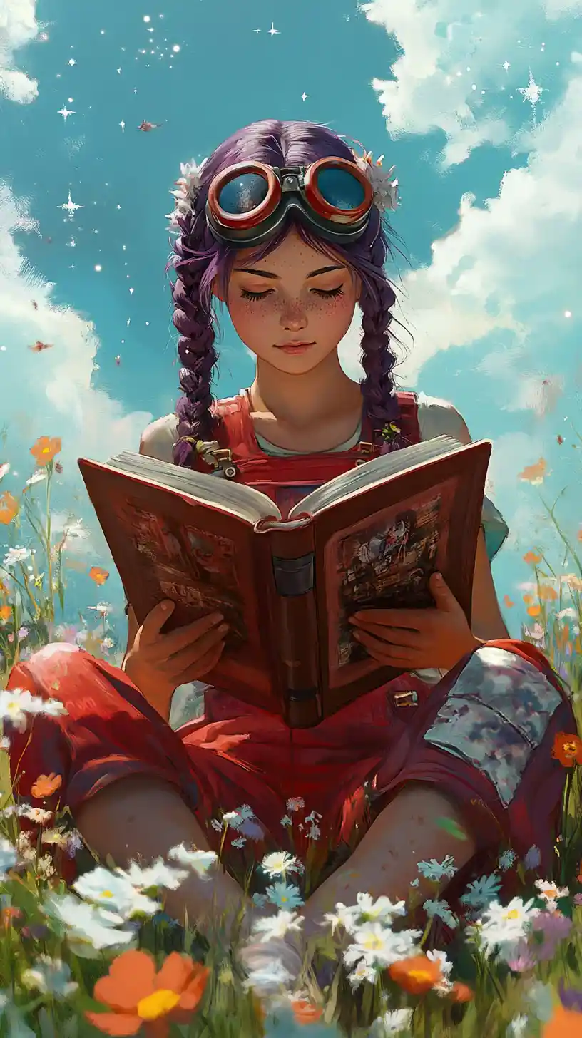Girl reading a book in a whimsical flower field