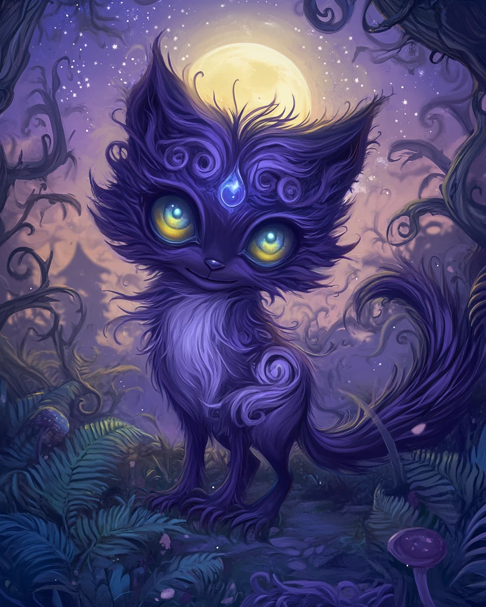Tanuki chibi in una radura incantata nel bosco al chiaro di luna