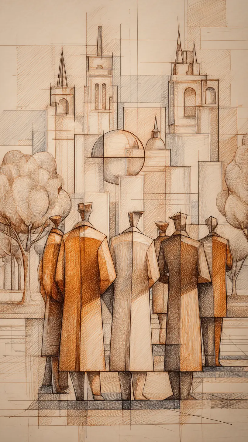 Cubist graphite crowd before a geometric urban skyline