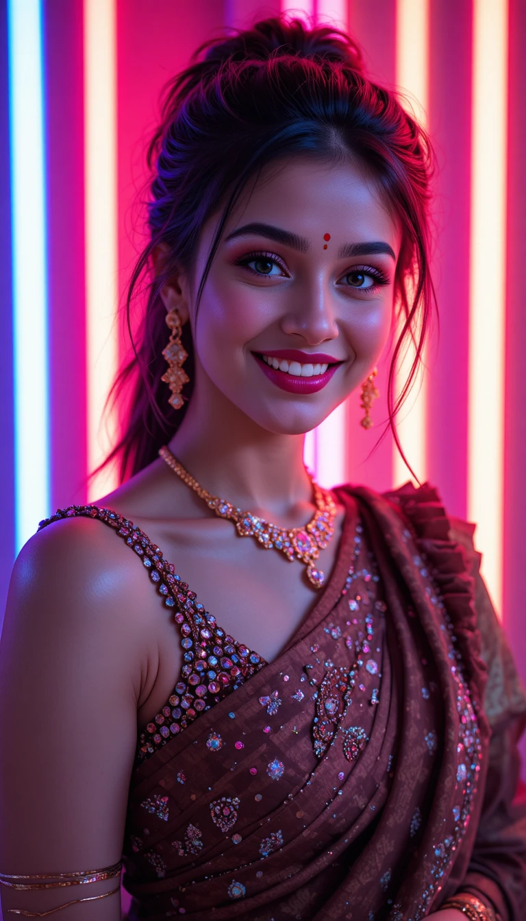 Joyful Indian girl in rhinestone saree with neon light