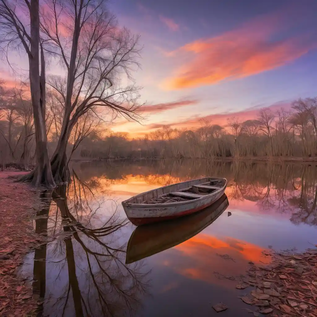 Orinoco river at sunset with abandoned boat and trees