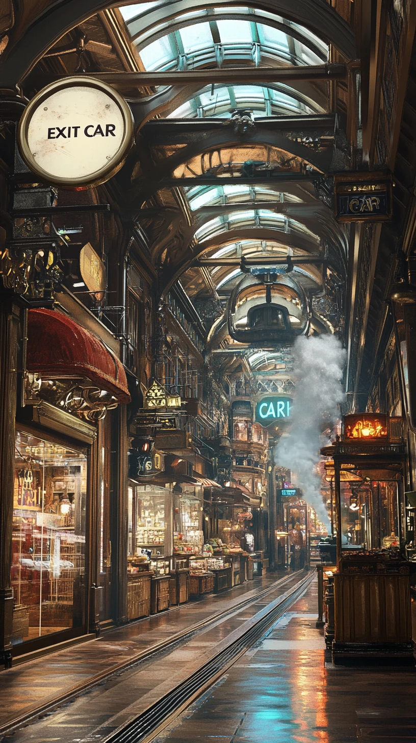 Ornate steampunk corridor with shops and glowing blue path