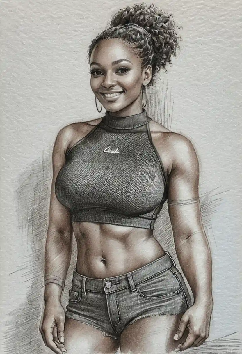 Retrato a grafito de mujer negra sonriente en pose corporal relajada