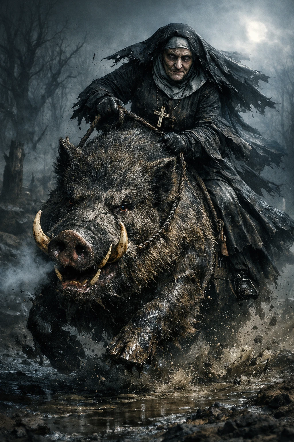 Gothic nun charging through a muddy wasteland on a boar