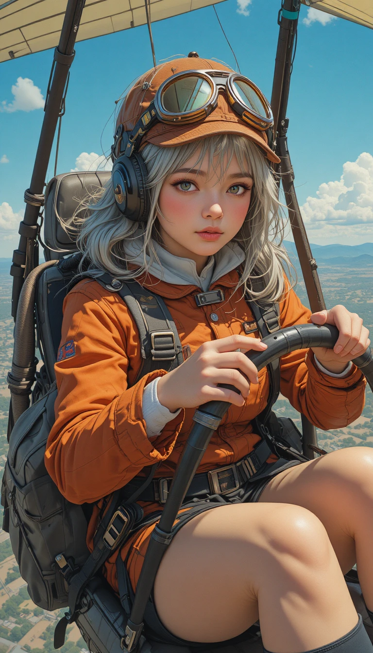 Girl piloting a hang glider in a vast sci fi sky
