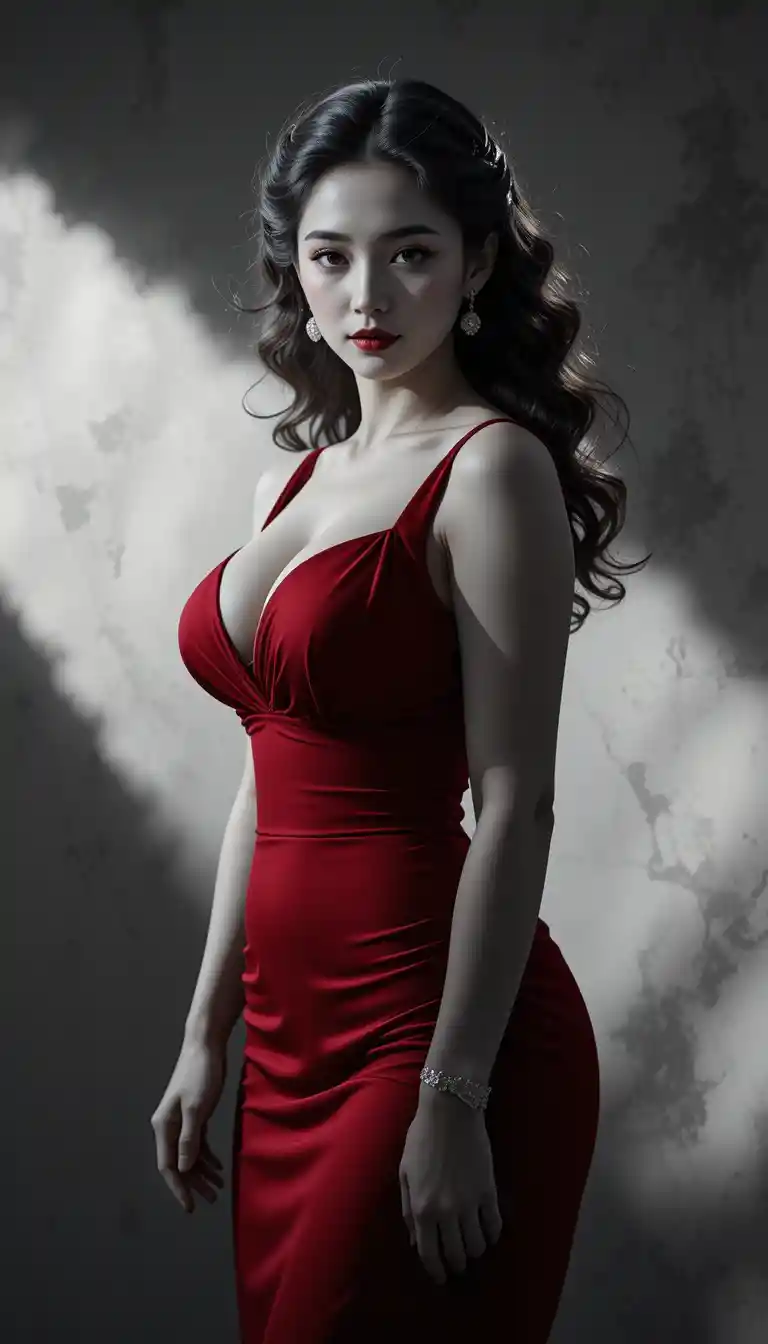 Cheerful Dutch Korean bride in red wedding gown portrait