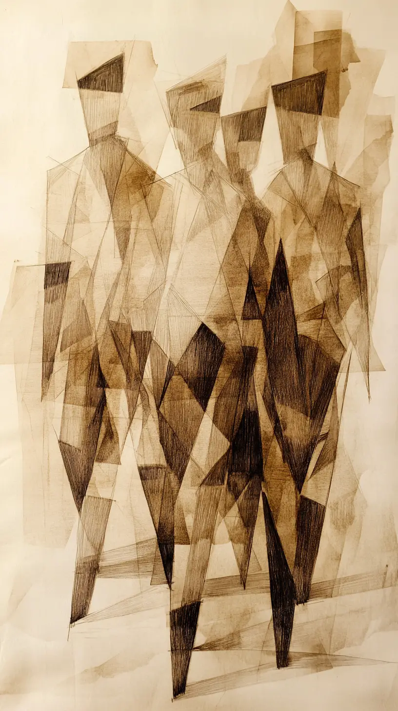 Cubist graphite figures walking through an abstract cityscape