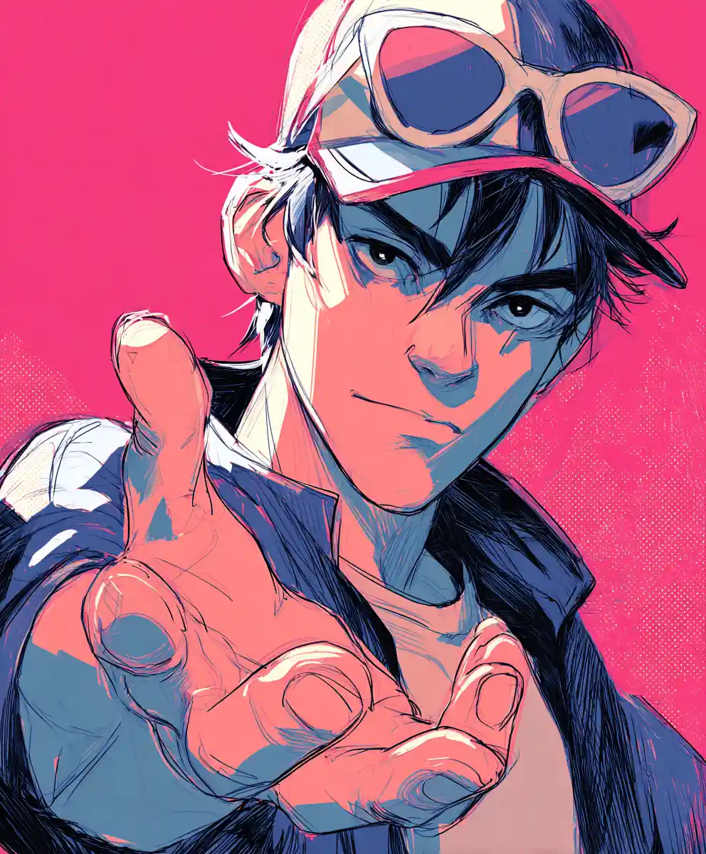Chico de anime extendiendo la mano sobre un fondo colorido e intenso