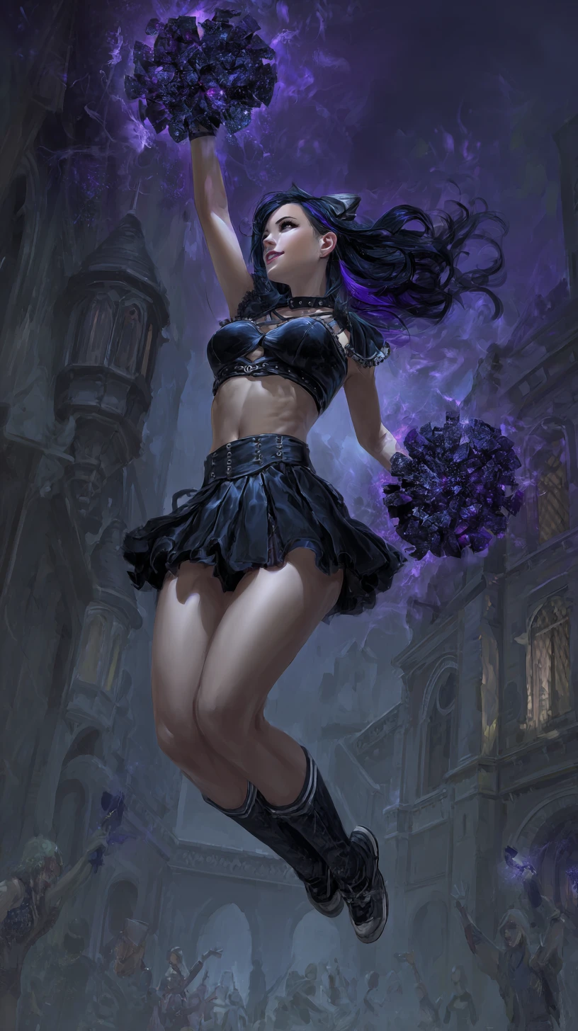 Gothic cheerleader conjuring dark energy in mid air