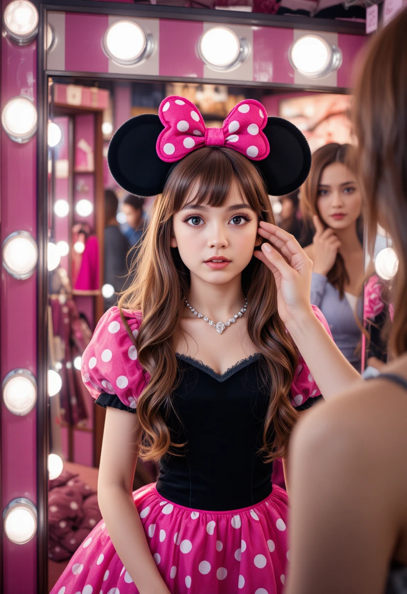 Junge im Minnie-Kleid beobachtet seine Make-up-Verwandlung
