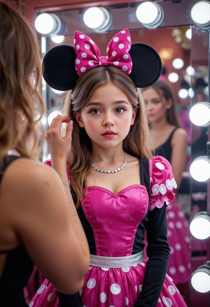 Niño con vestido de Minnie recibiendo maquillaje en el camerino