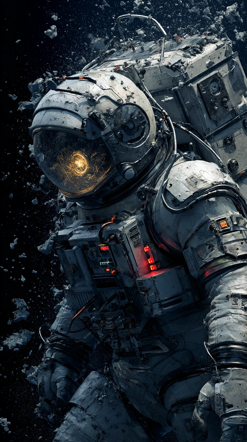 Lone astronaut drifting in dark outer space suit aglow