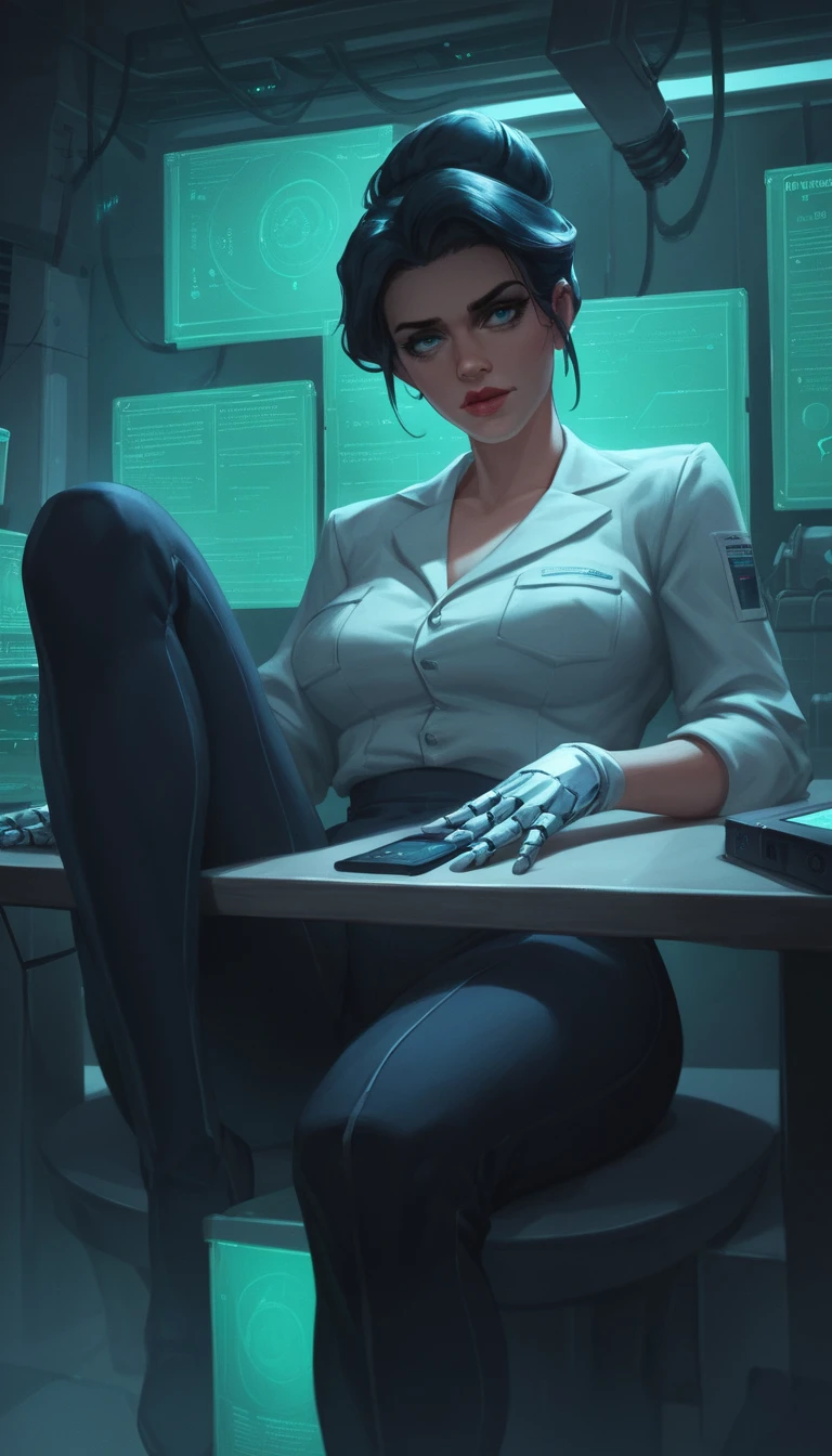 Woman on operating table in futuristic brain surgery scene