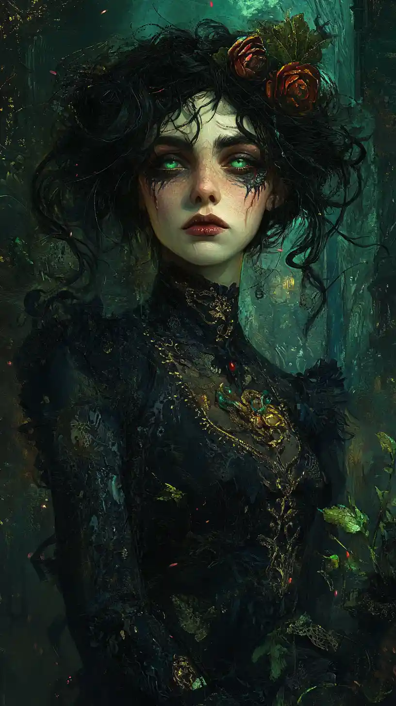 Haunting Italian comic heroine in dark fantasy portrait