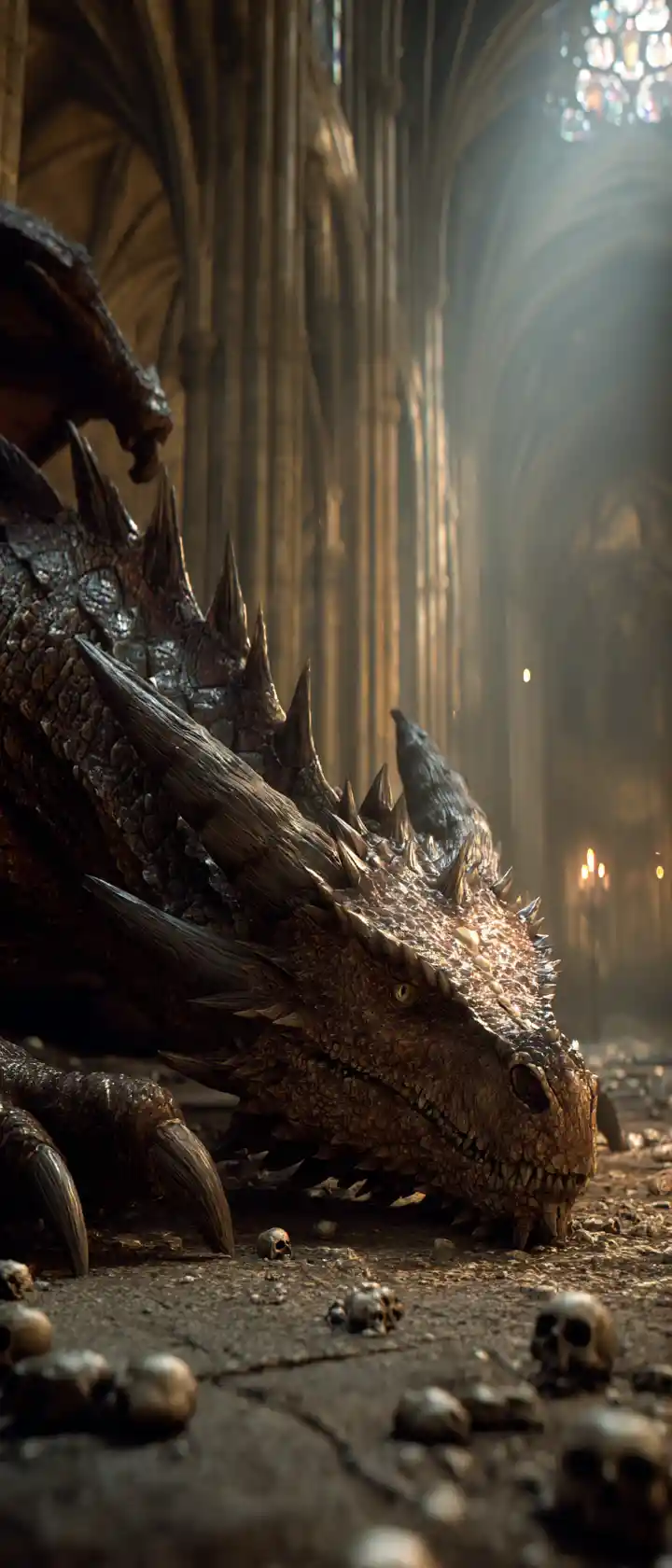 Ancient Dragon Crouching In A Gothic Cathedral Cavern