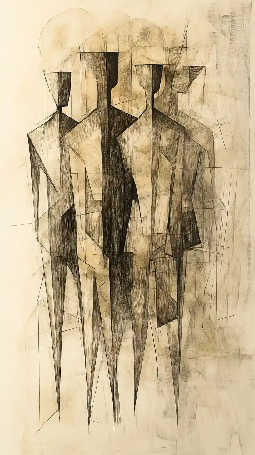 Cubist sepia drawing of geometric figures in a city