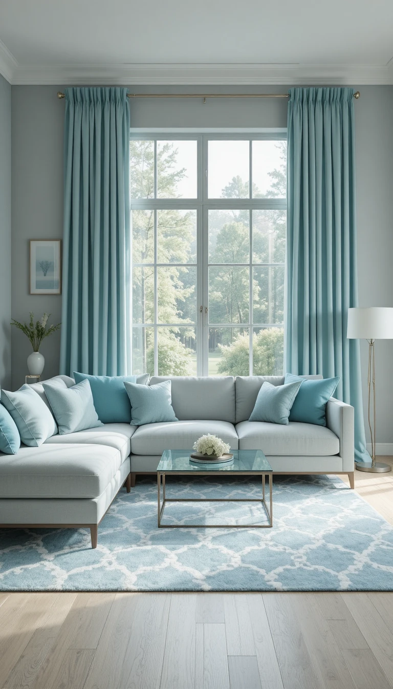 Minimalist teal living room with sofa and glass coffee table