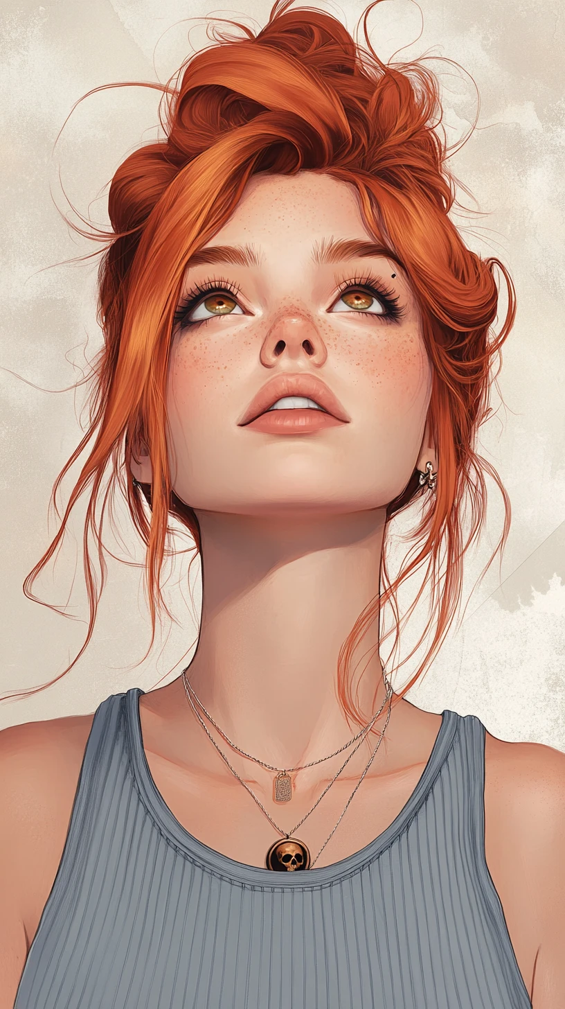 Freckled auburn haired girl with piercings looking upward
