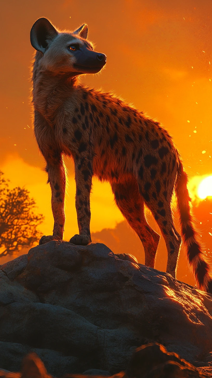 Gefleckte Hyäne auf Felsvorsprung bei Sonnenuntergang über der Savanne