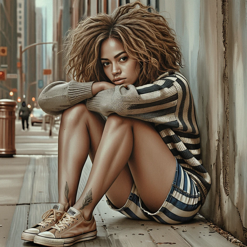 Young woman sitting against a weathered city wall