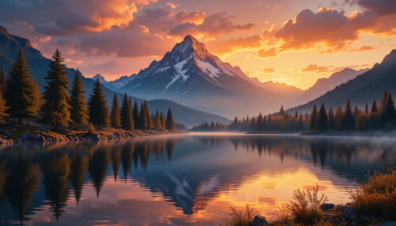Majestuosa montaña reflejada en un tranquilo lago dorado al atardecer