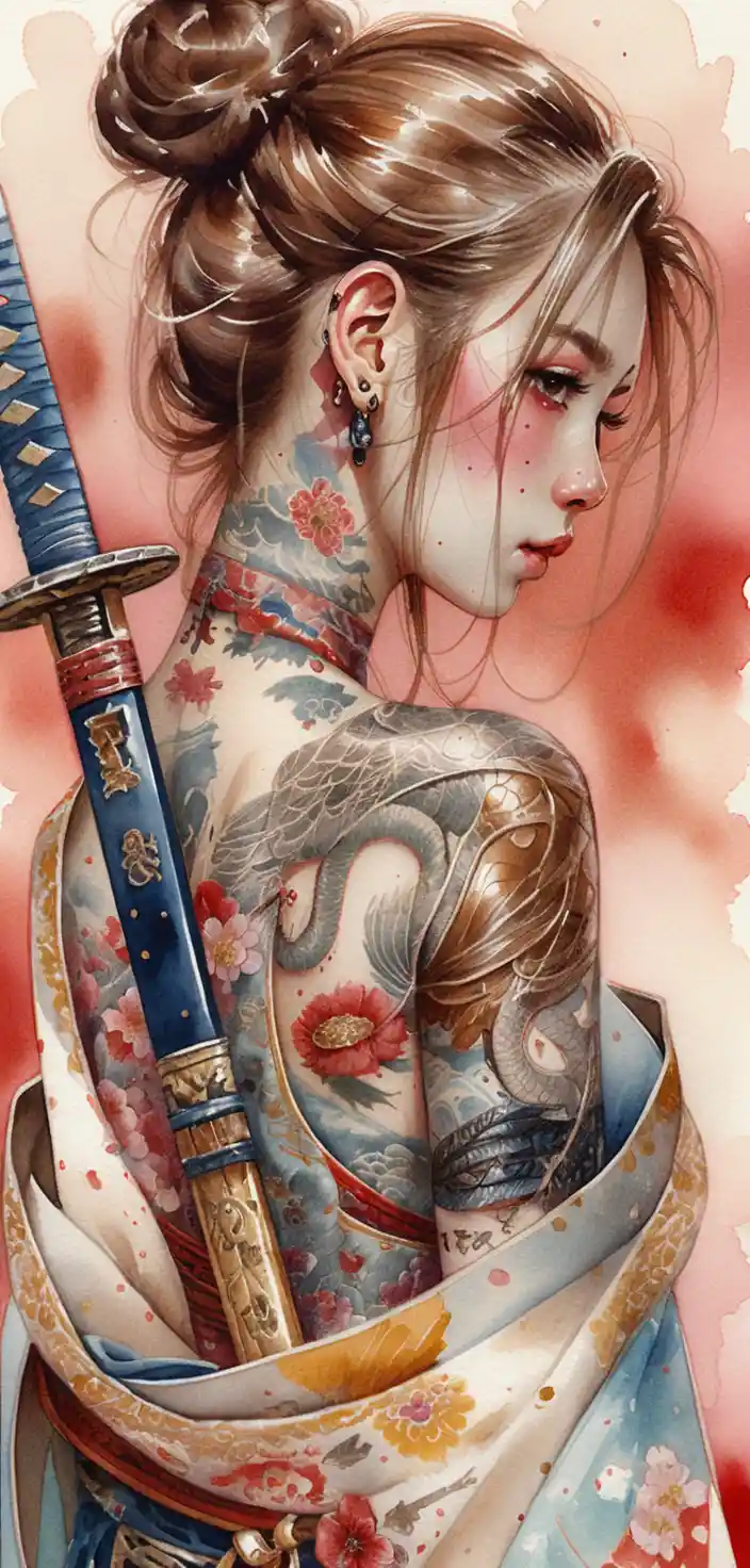 Tattooed woman in kimono holding katana against red background