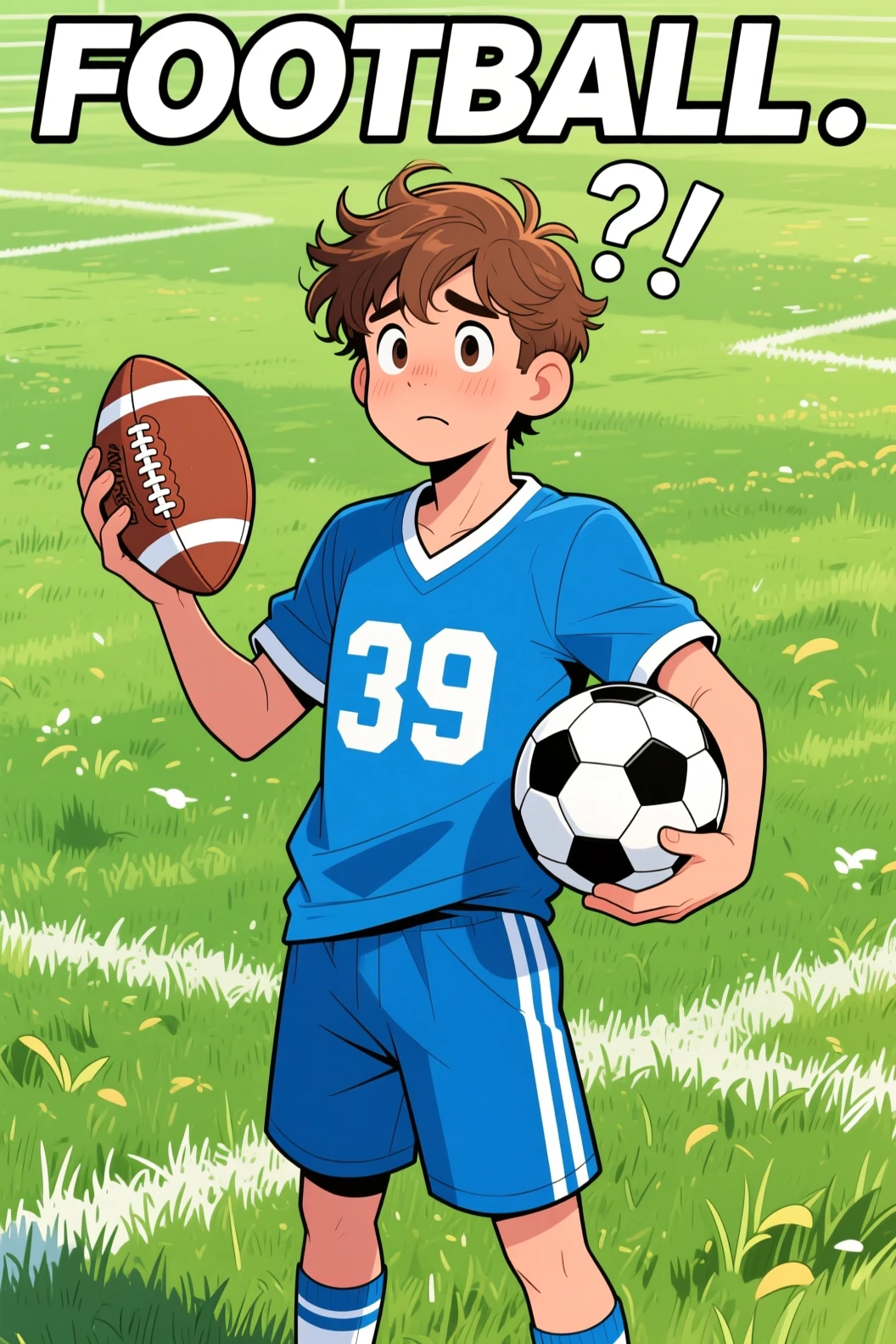 Giovane confuso che tiene un pallone da football americano e uno da calcio all’aperto