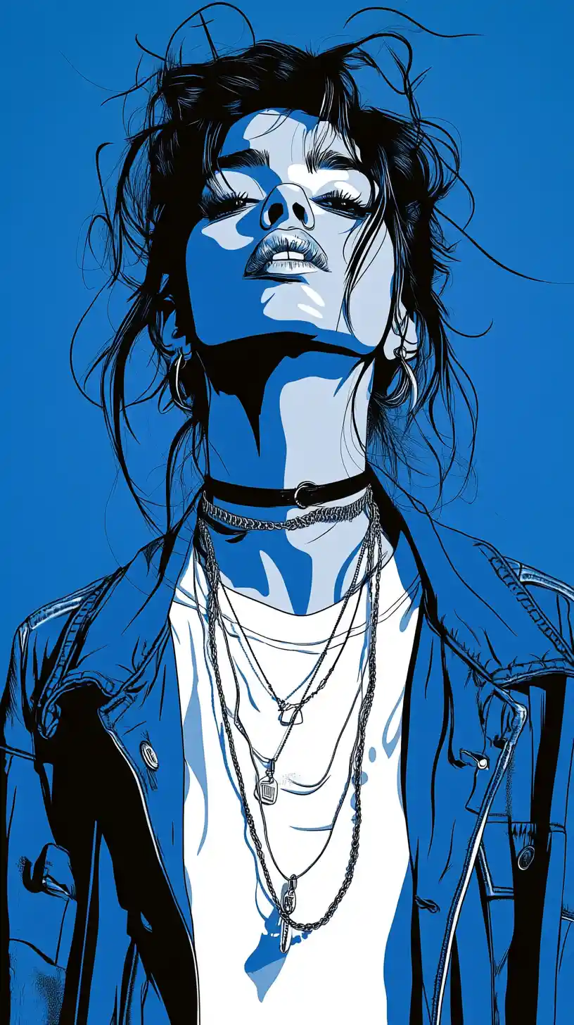 Stylish woman portrait on vivid electric blue graphic background