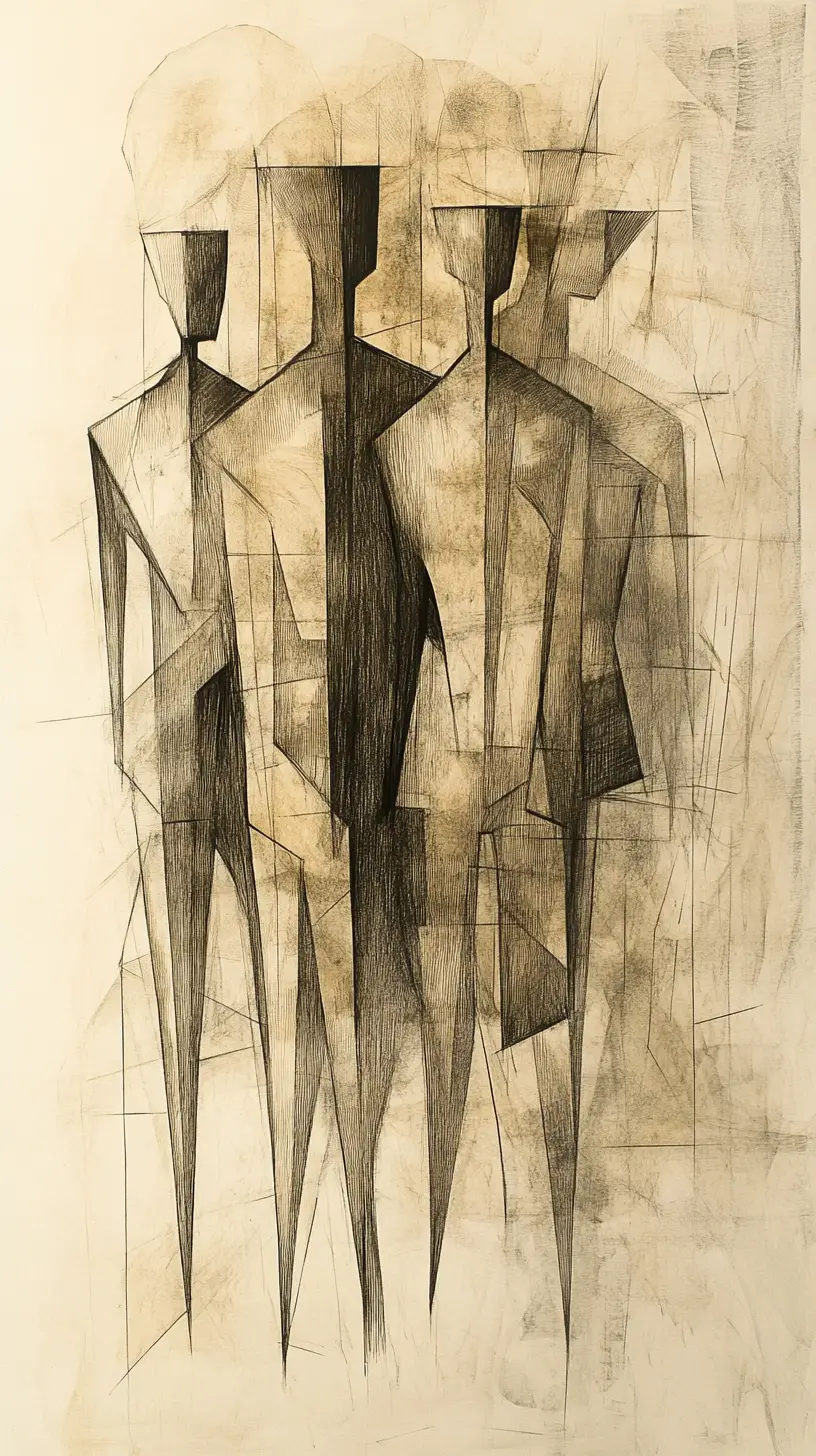 Cubist sepia drawing of geometric figures in a city