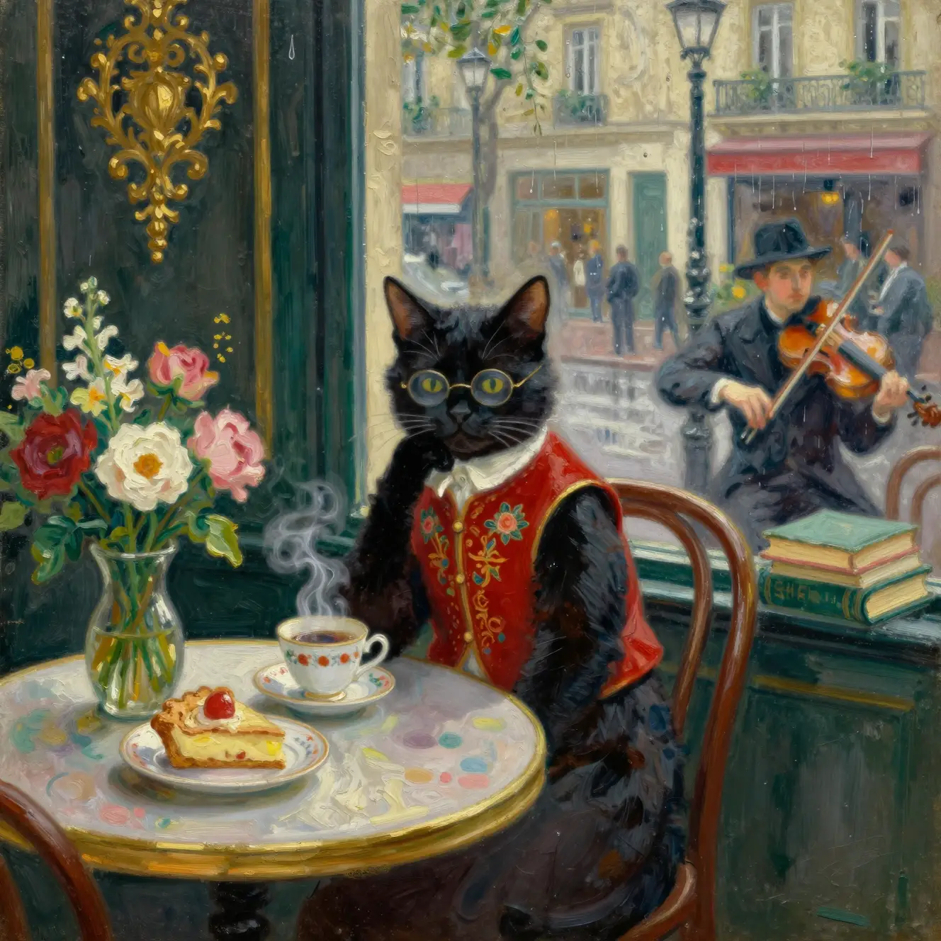 Tuxedo cat in a rainy Paris cafe window scene