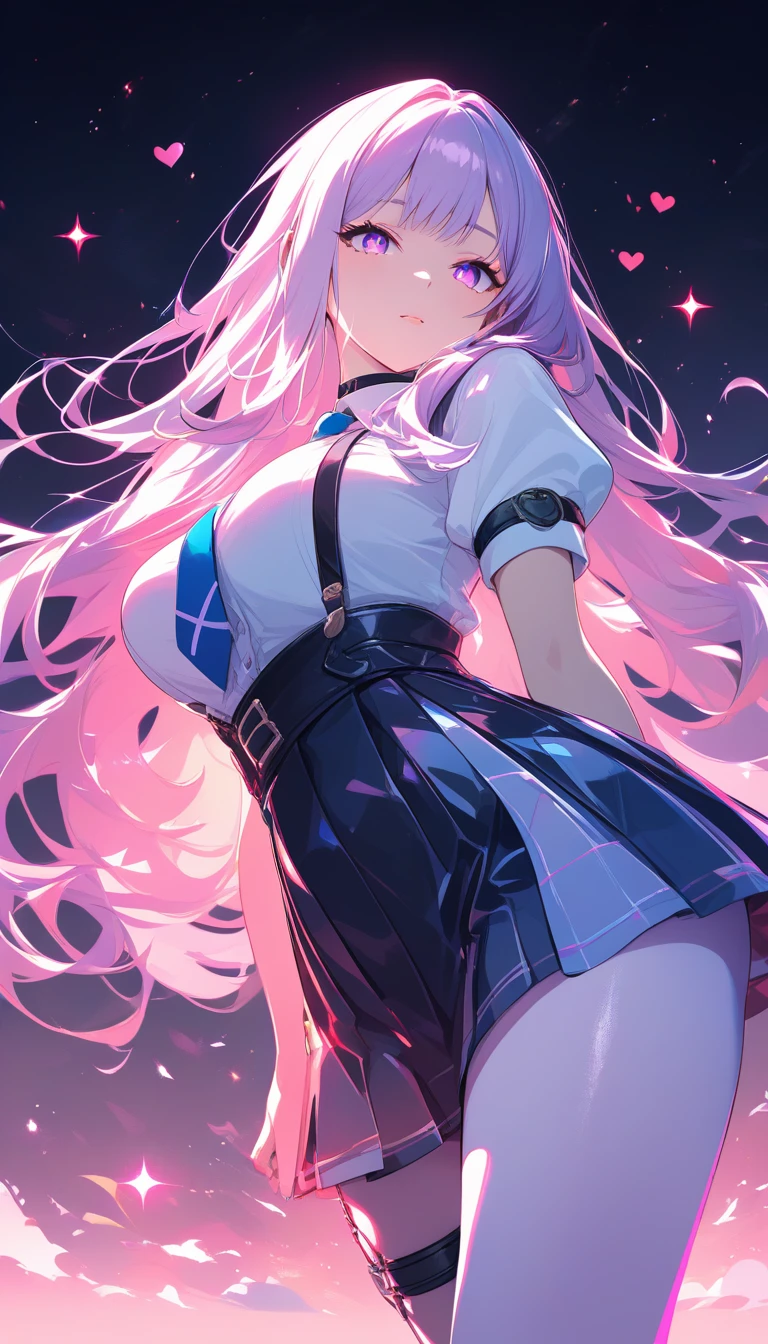 Anime schoolgirl with curvy figure in low angle pose