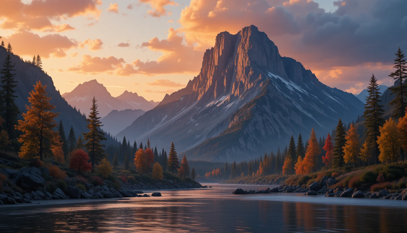 Montaña al atardecer sobre un río tranquilo con árboles resplandecientes