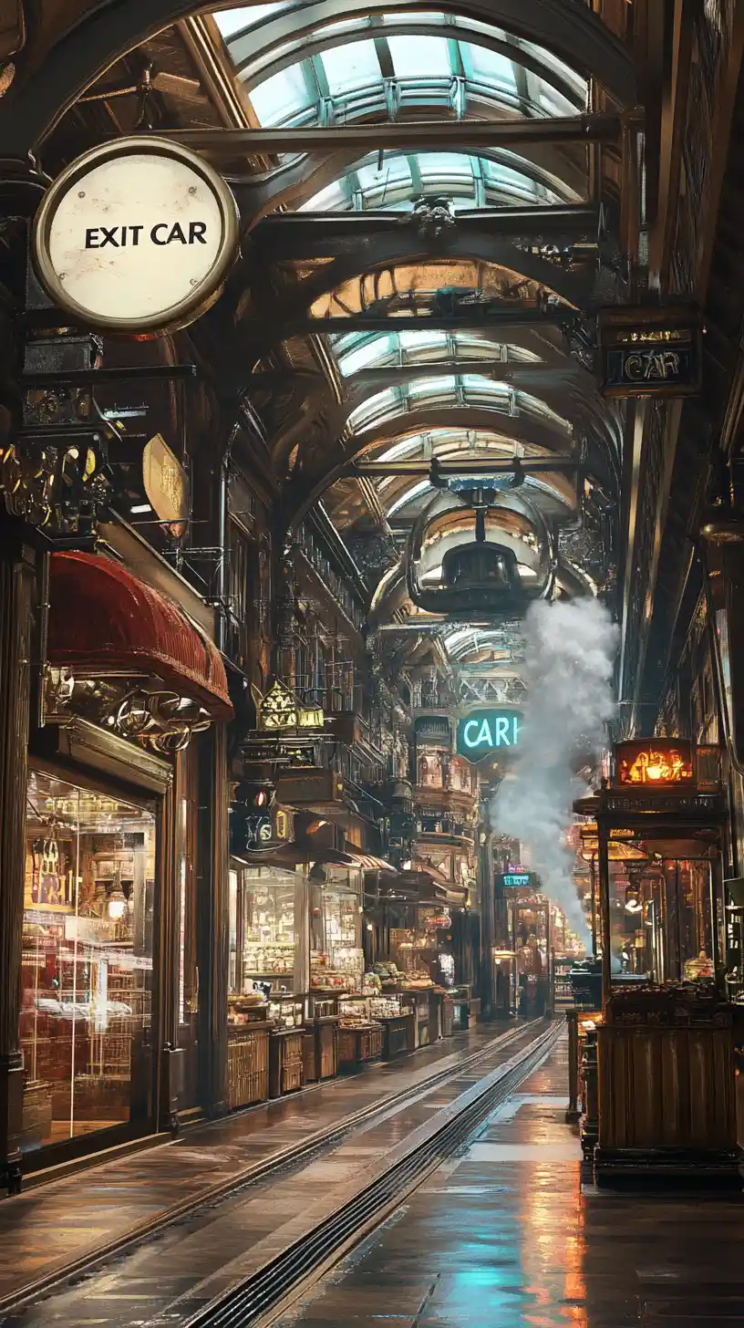 Ornate steampunk corridor with shops and glowing blue path