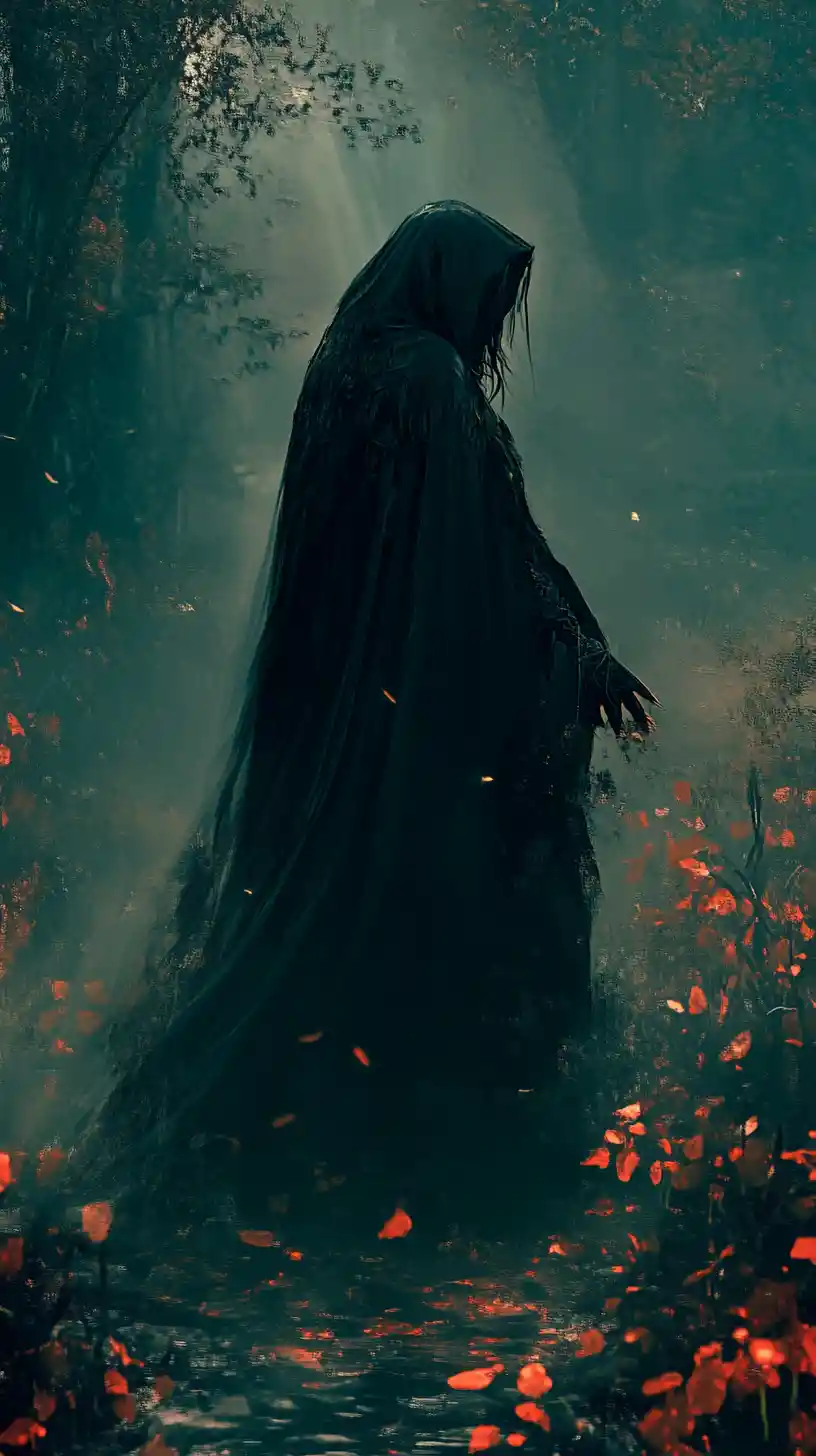 Eerie Italian fantasy heroine as a grim reaper figure