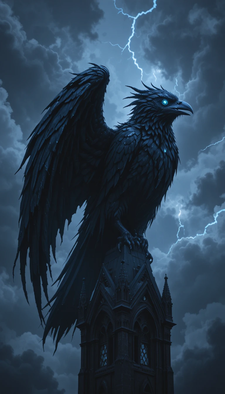Giant shadowy raven creature on a gothic cathedral spire