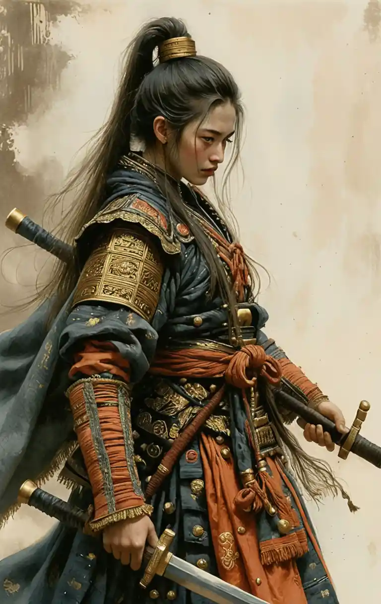 Asian woman warrior in profile with twin swords