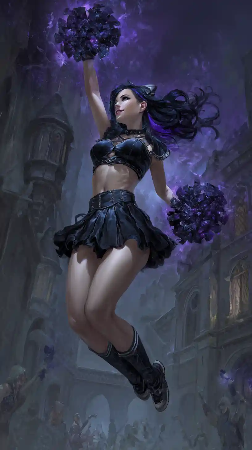 Gothic cheerleader conjuring dark energy in mid air