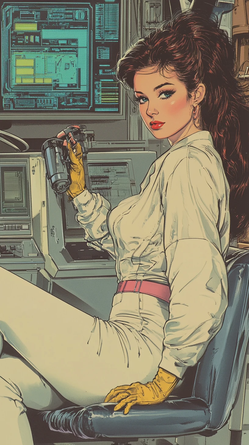 Beautiful Italian comic woman in retro futuristic laboratory