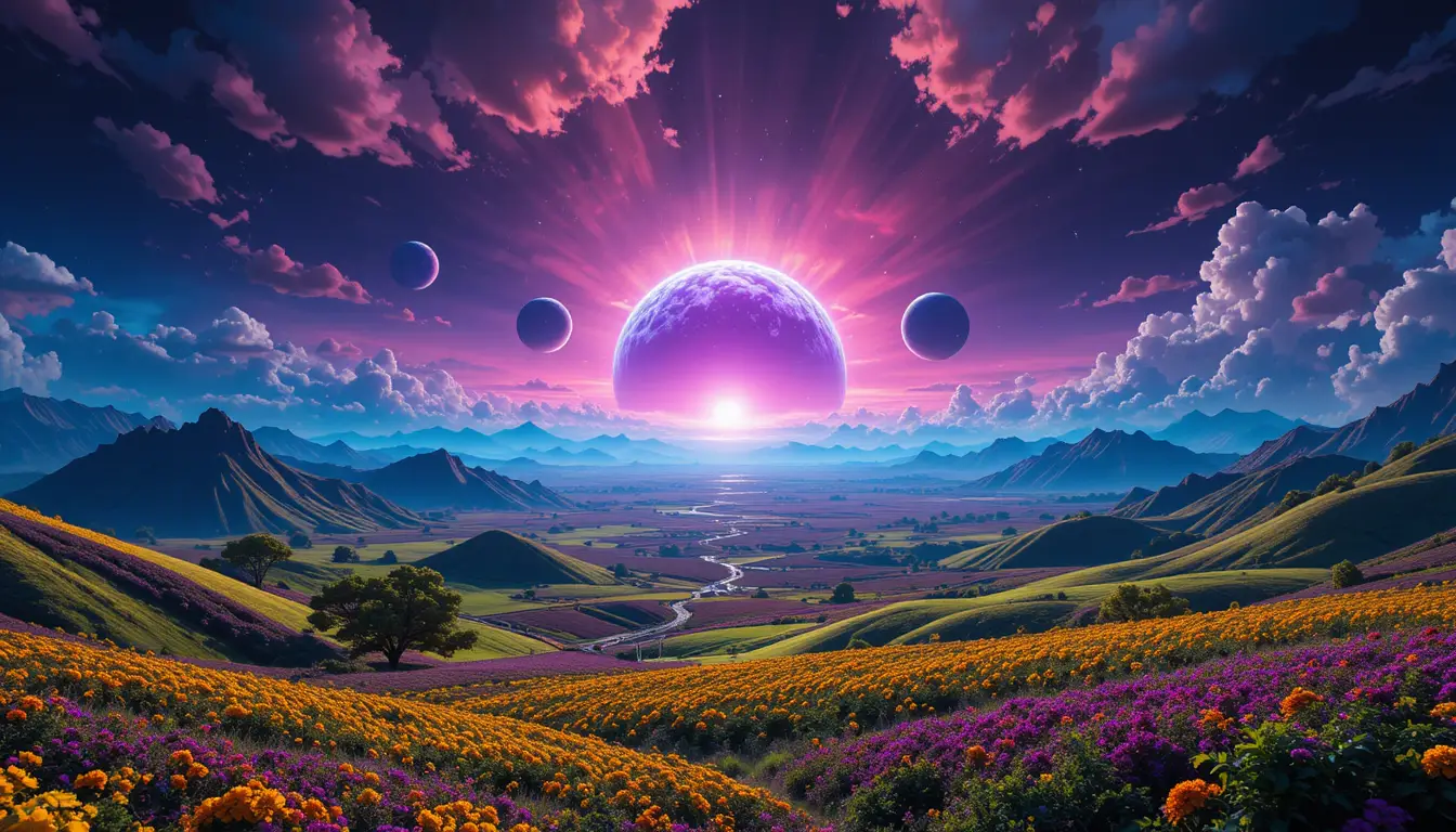 Paysage Coloré de Planète Extraterrestre sous un Ciel Kaléidoscopique