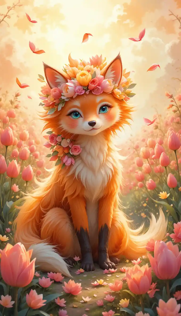 Magical fox creature in a bright tulip field