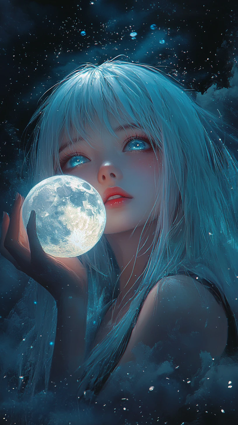 Ragazza anime che tiene in mano una luna luminosa nel cielo scuro
