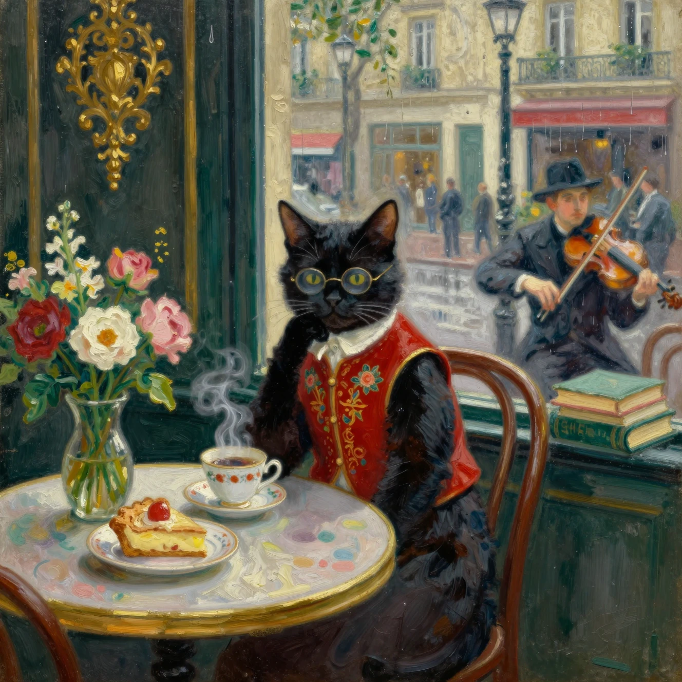 Tuxedo cat in a rainy Paris cafe window scene