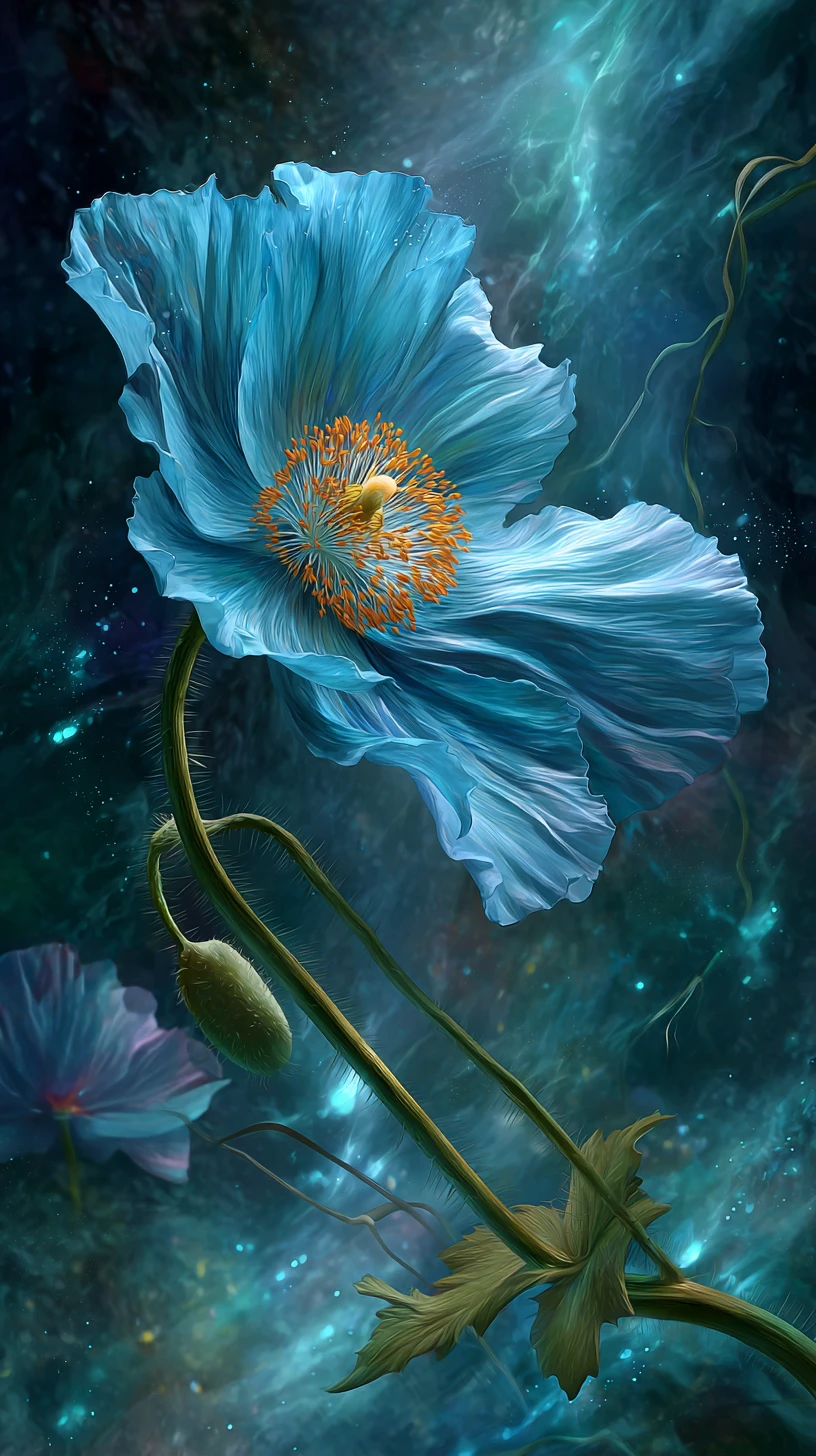 Blue poppy close up in detailed fantasy digital illustration