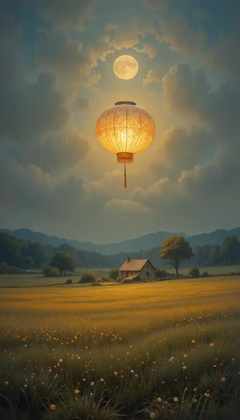 Moonlit paper lantern floating above a quiet farmhouse