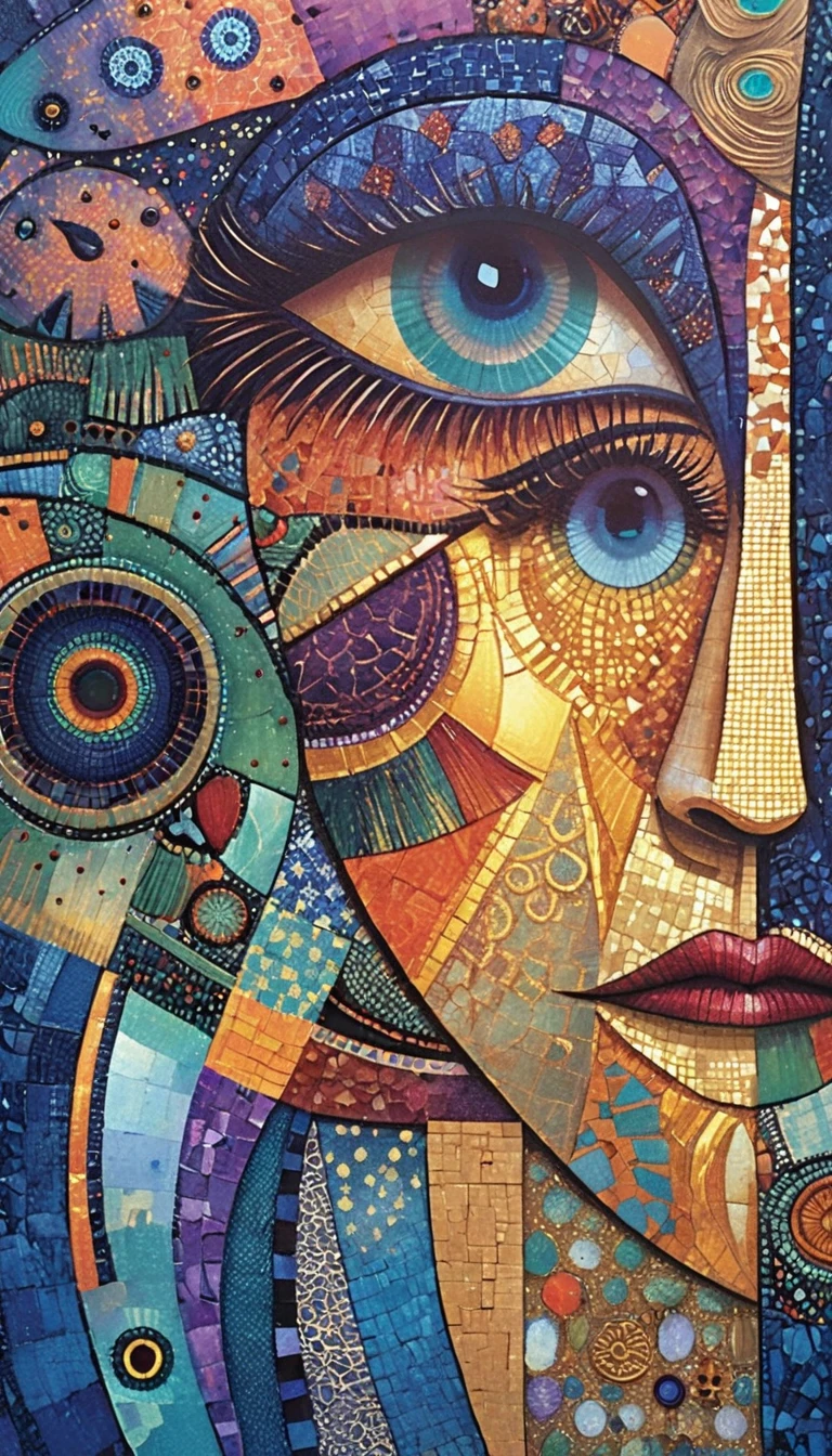 Retrato cubista abstrato vibrante com um único olho turquesa