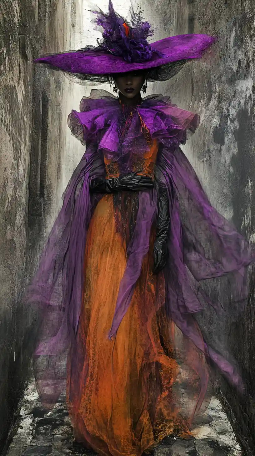 Elegant woman in flowing purple couture in a narrow alley