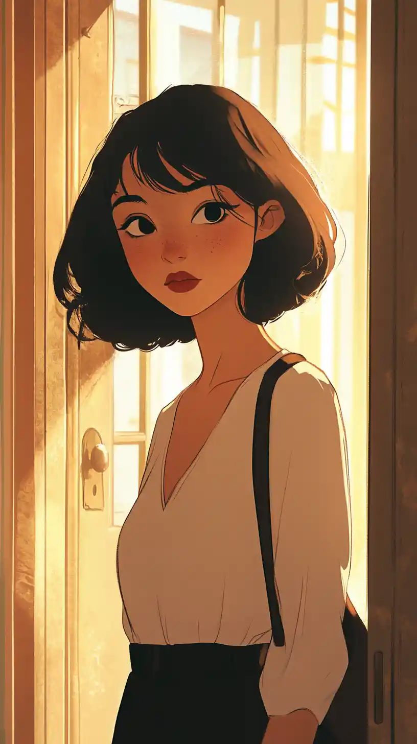Pensive anime woman standing in a golden lit doorway