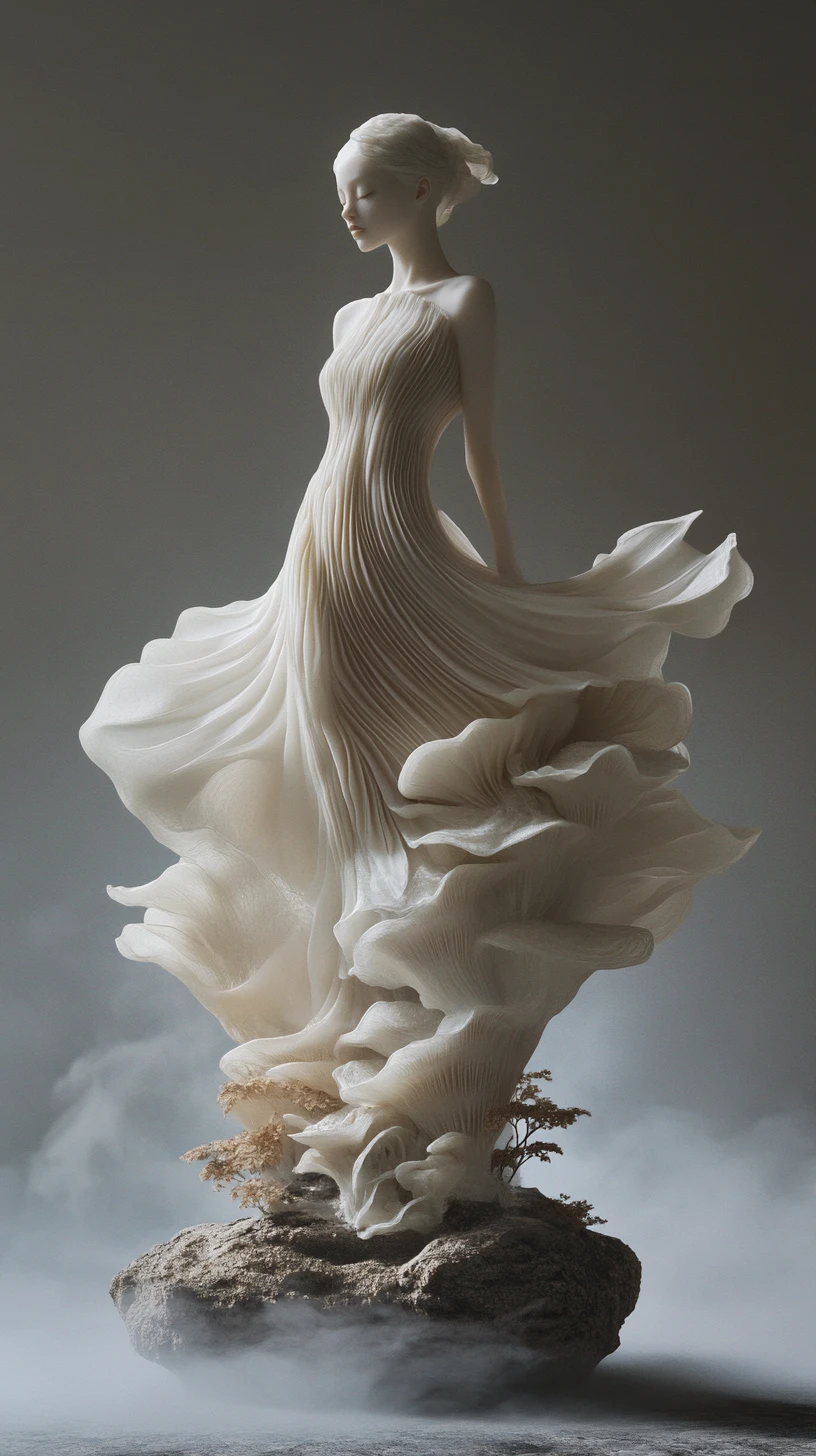 Ethereal woman merging with sculptural mushroom forms