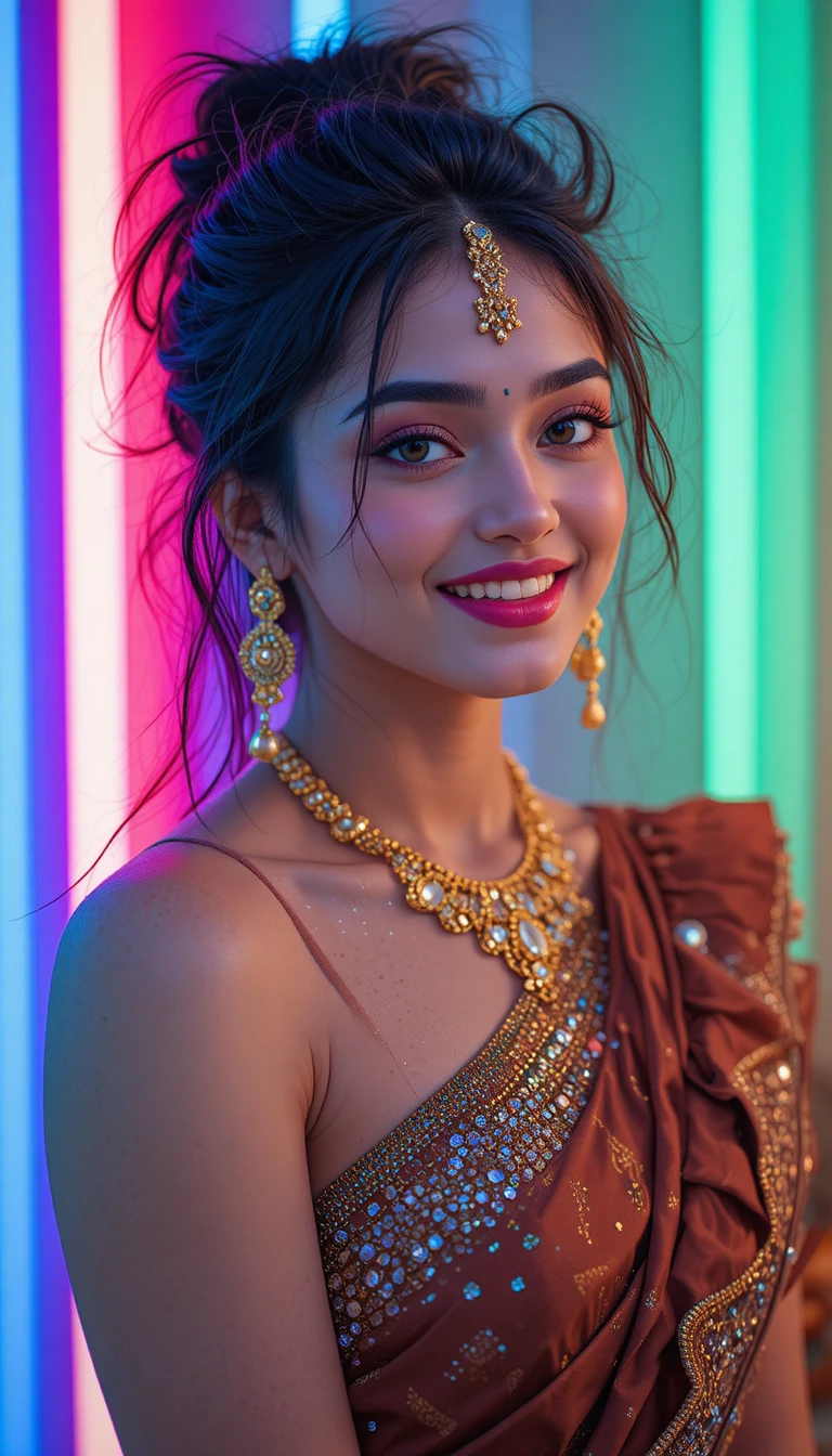 Joyful Indian woman in saree with neon rim lighting